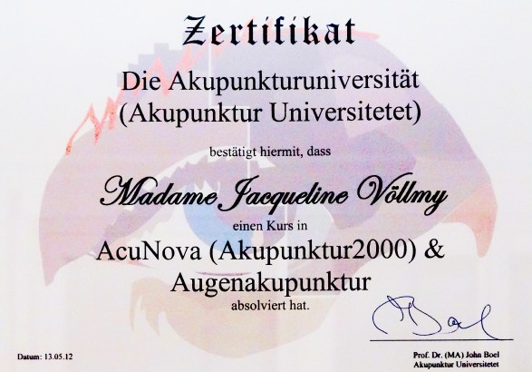 Diplôme AcuNova. Méthode d'acupuncture oculaire du Pr. John Boel