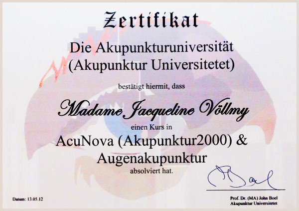 Diplôme AcuNova Acupuncture oculaire