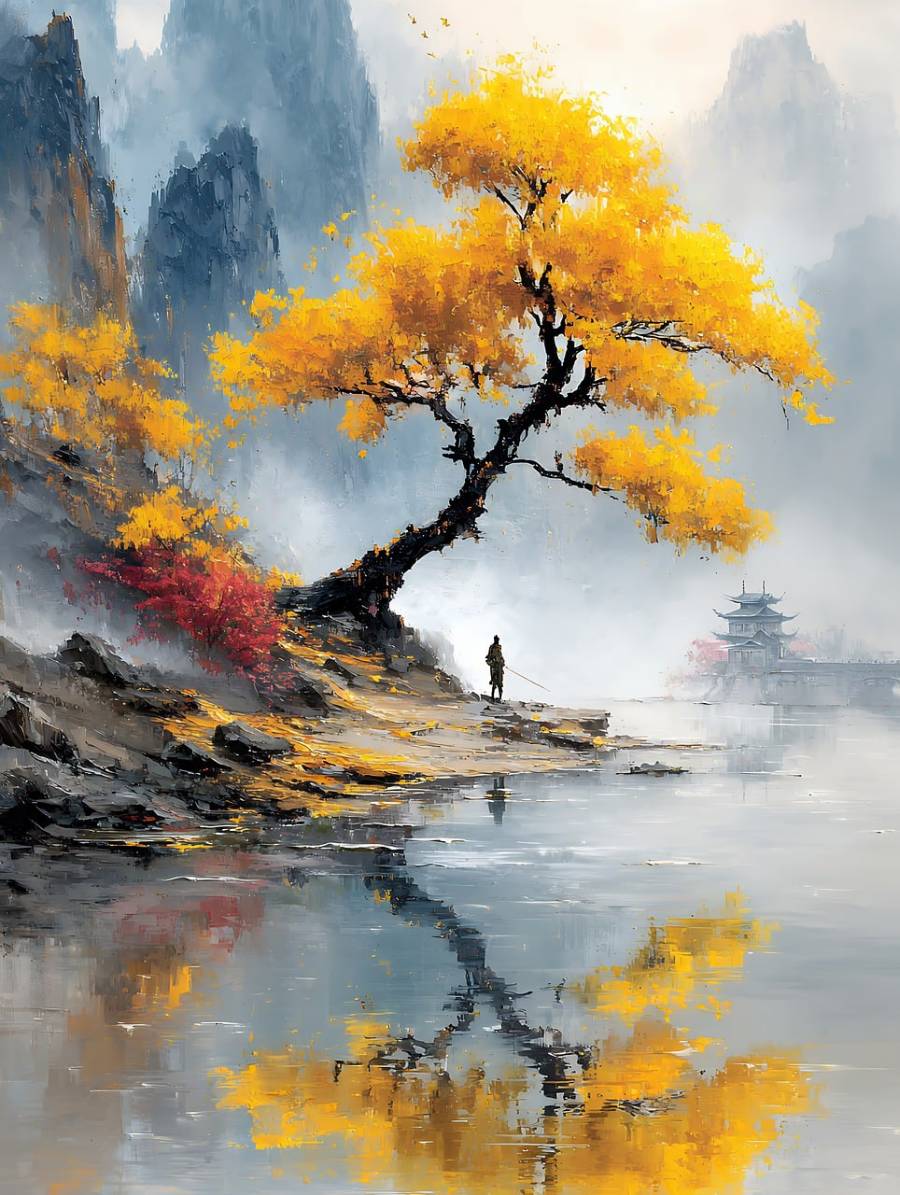 Paysage de montagne et arbre aux feuilles jaunes, évocation de l’automne