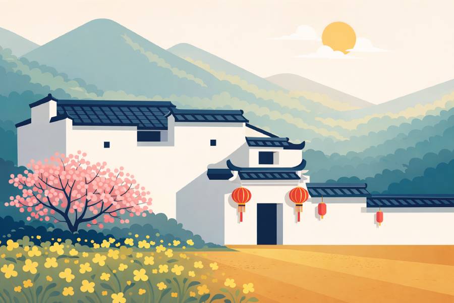 Maison chinoise au soleil, fleurs et lanternes, évocation de l’été