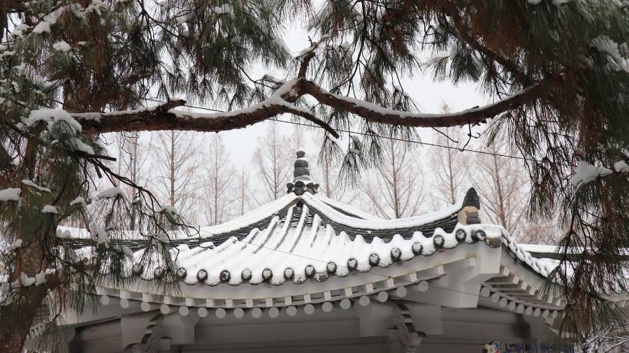 Toit de pavillon chinois sous la neige, évocation de l’hiver